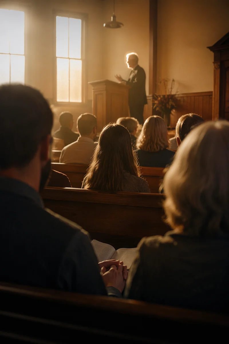 Pastor Preaching in Warm Wooden Chapel