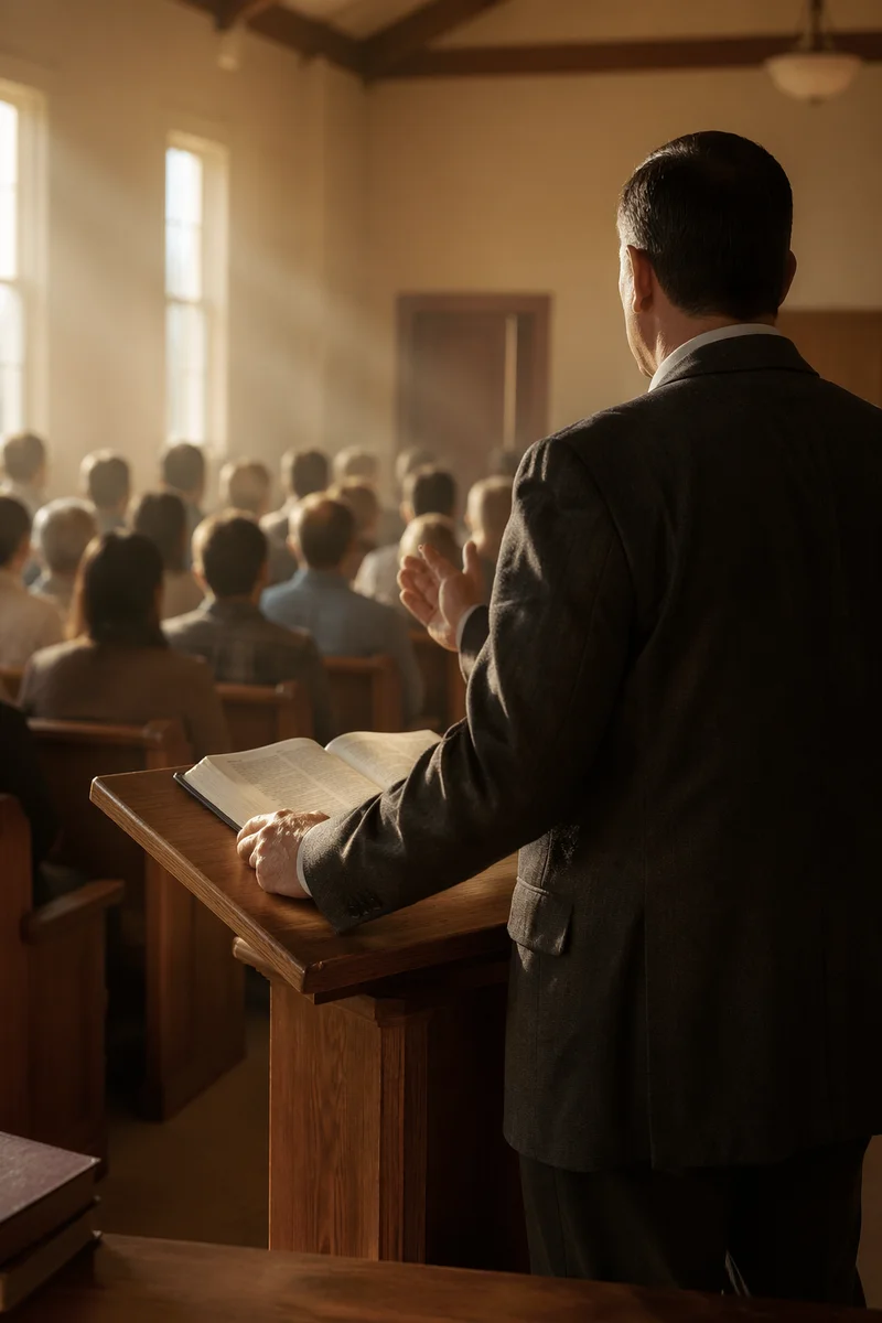 Pastor Preaching in Sunlit Chapel