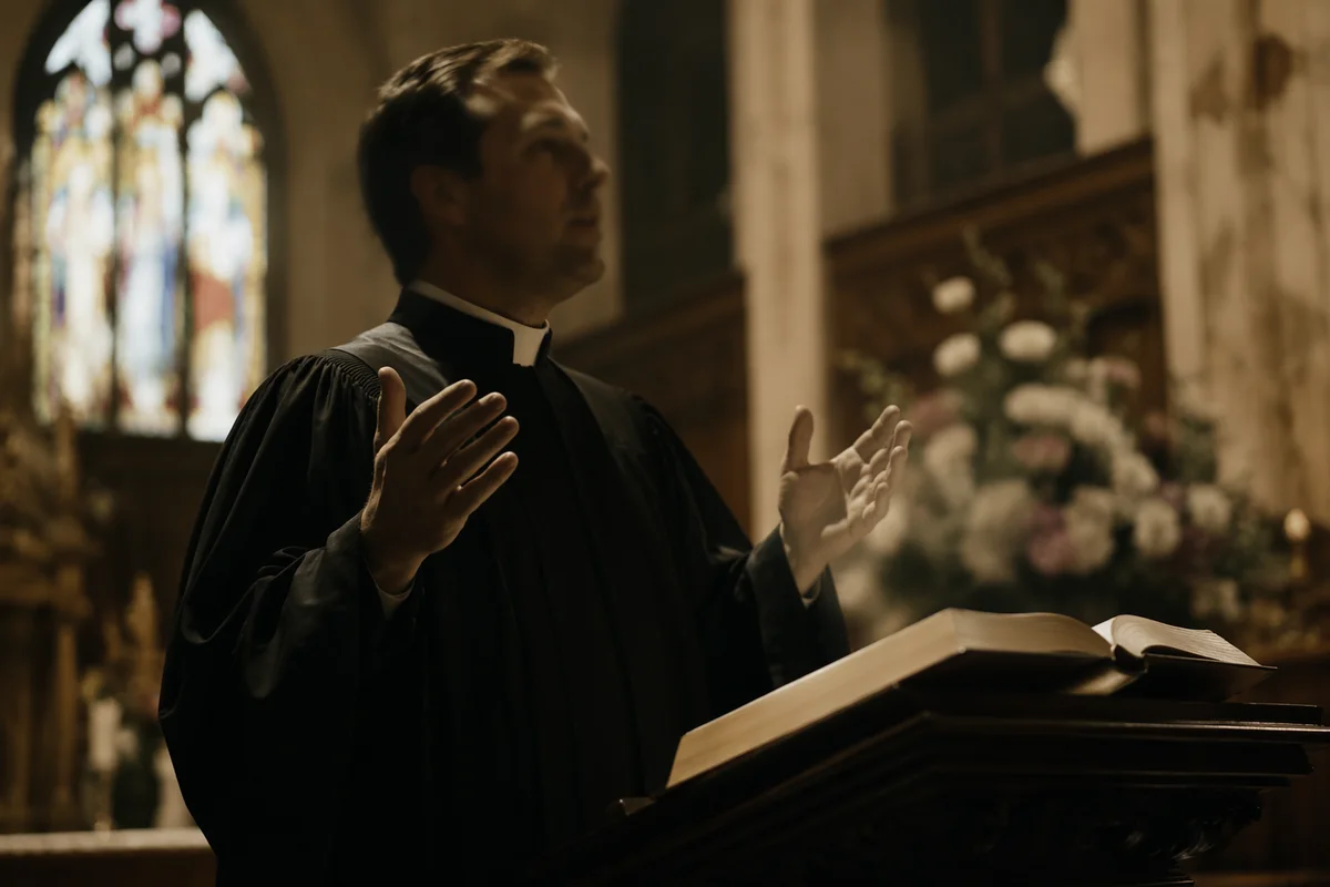 Pastor Preaching Beside Warmly Lit Pulpit