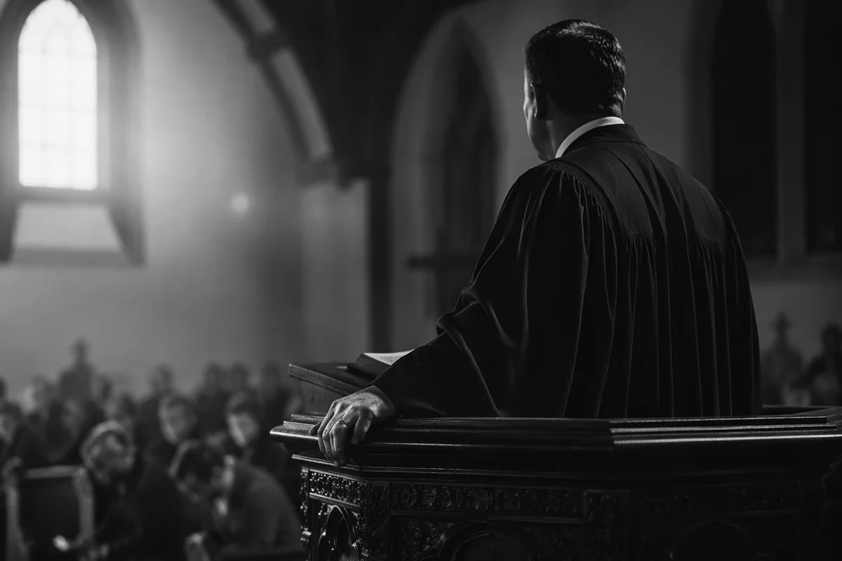 Pastor Preaching at Wooden Church Pulpit