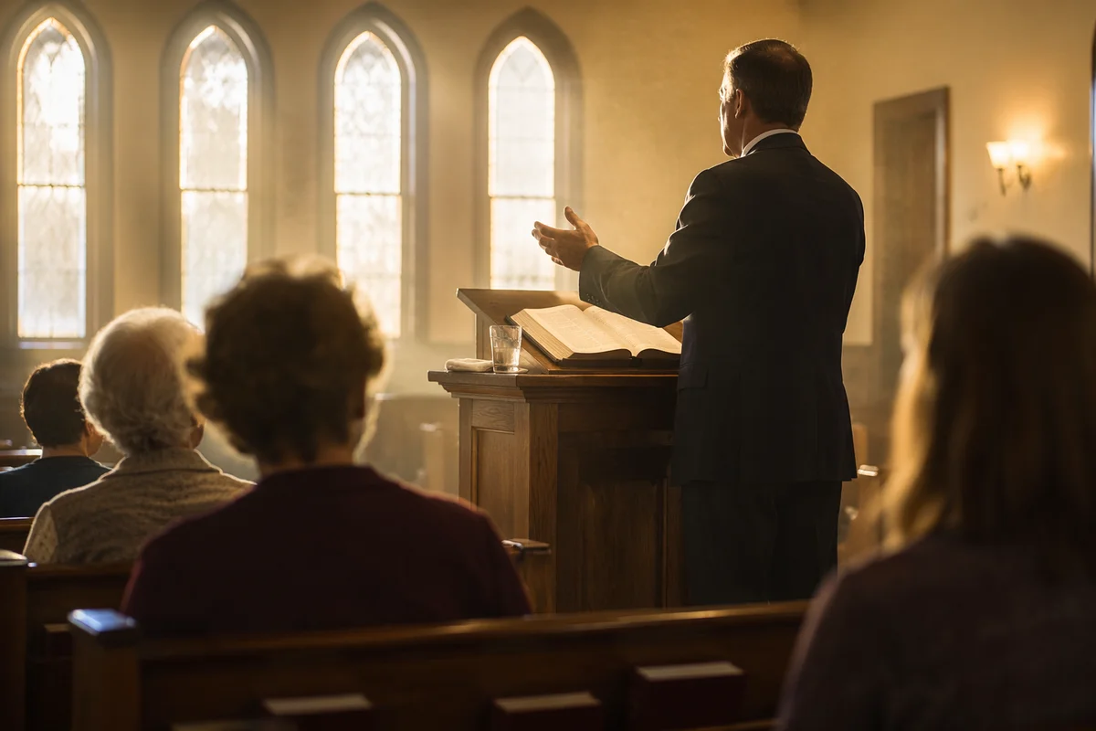 Pastor Preaching in Warm Church Sanctuary