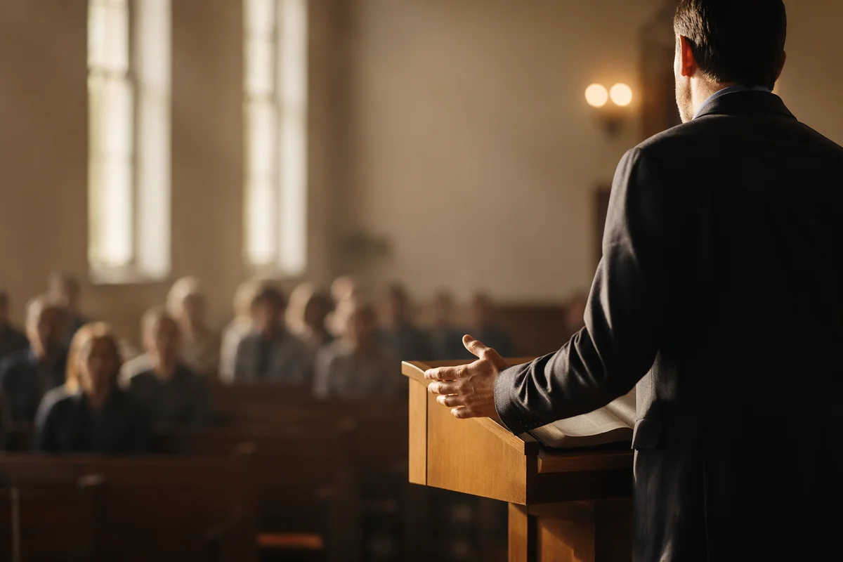 Pastor Preaching at Wooden Chapel Pulpit