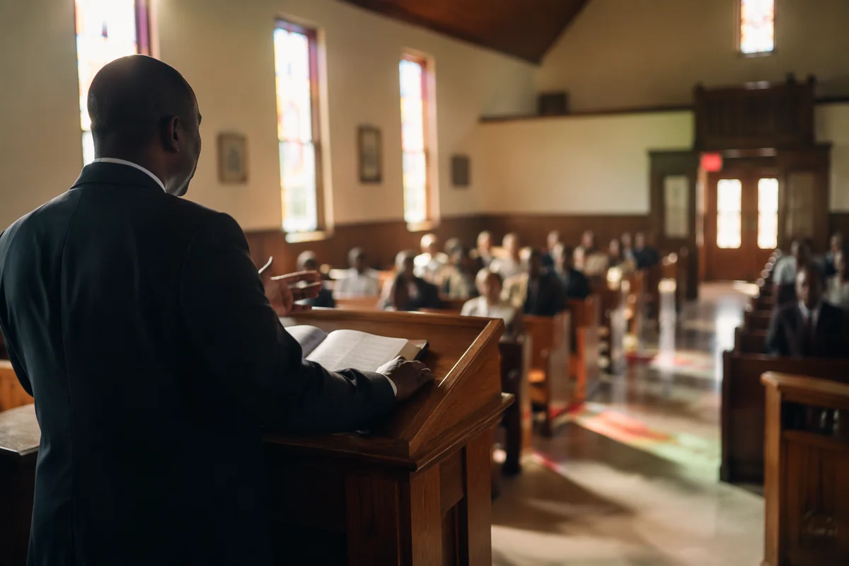 Pastor Preaching from Wooden Pulpit
