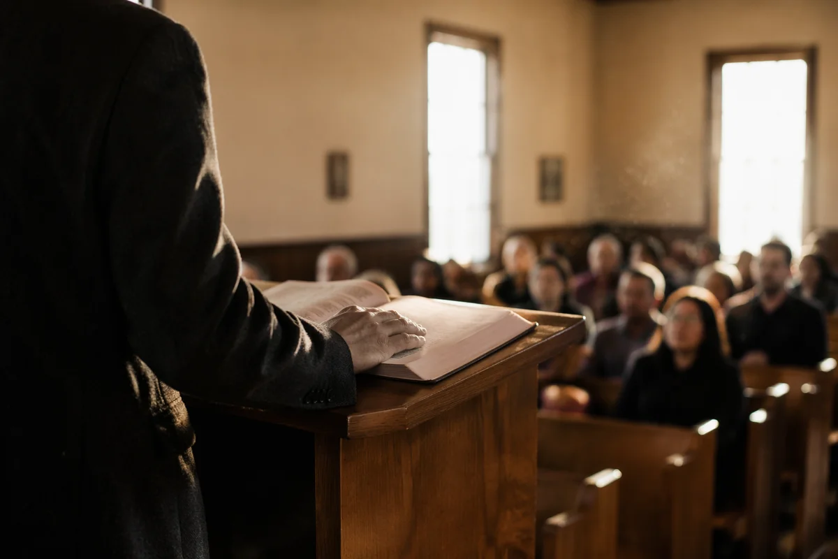 Pastor Preaching at Wooden Pulpit
