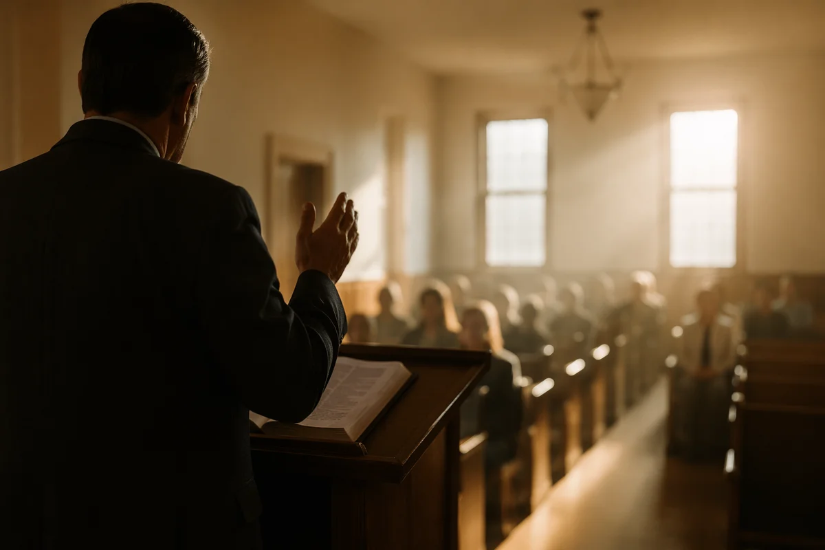Pastor Preaching in a Modest Chapel