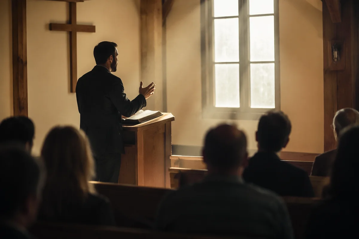 Pastor Preaching in a Modest Chapel