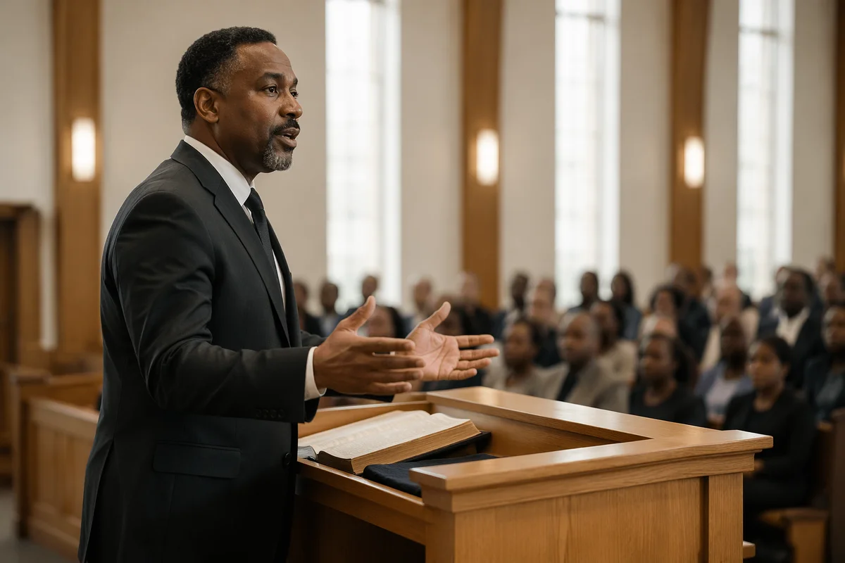 Pastor Preaching at Wooden Church Pulpit