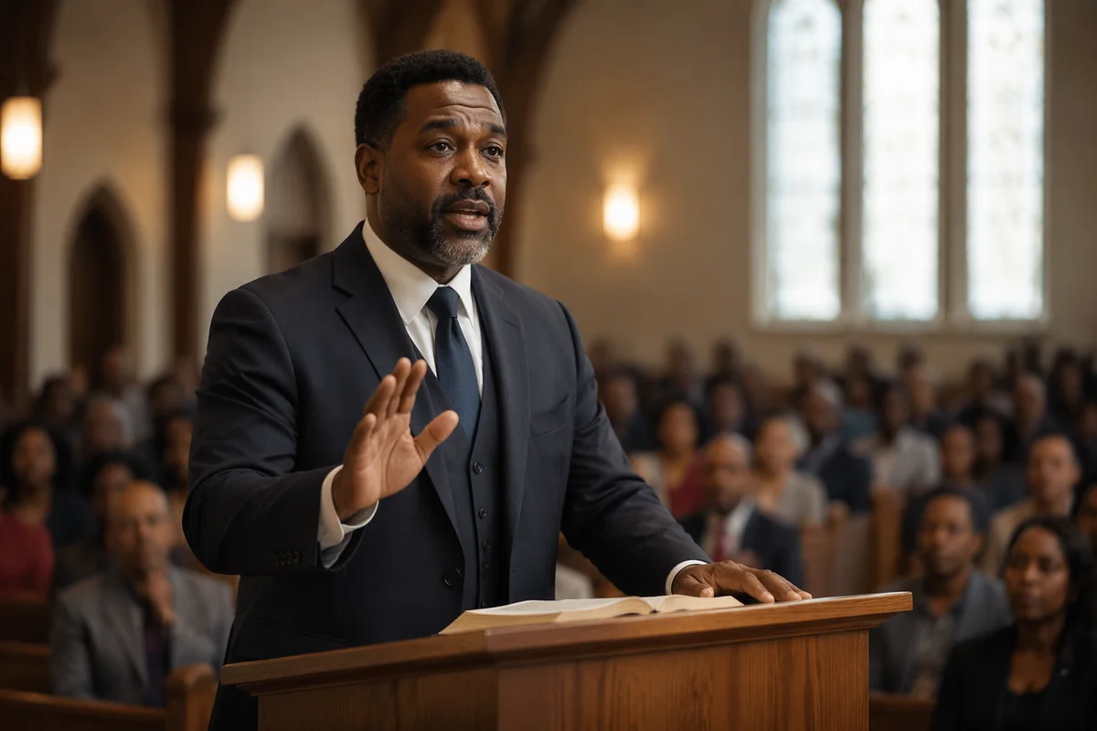 Pastor Preaching at Wooden Church Pulpit