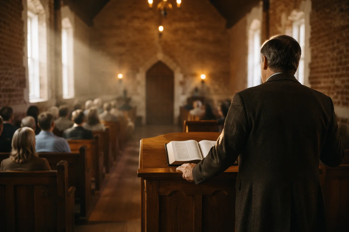 Pastor Preaching in Warm Brick Chapel