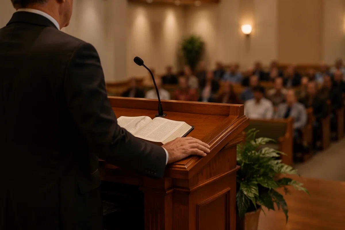 Pastor Preaching at Wooden Chapel Pulpit