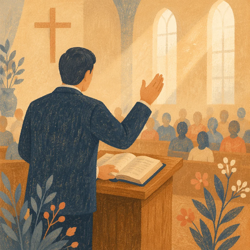 Pastor Preaching from Wooden Pulpit