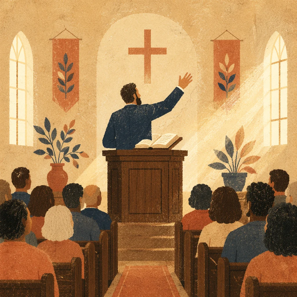 Pastor Preaching at Wooden Pulpit