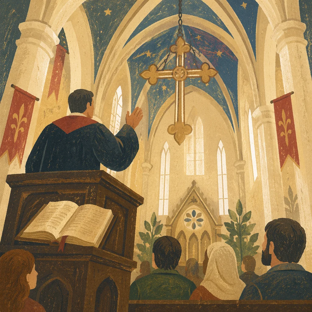 Pastor Preaching from Historic Church Pulpit
