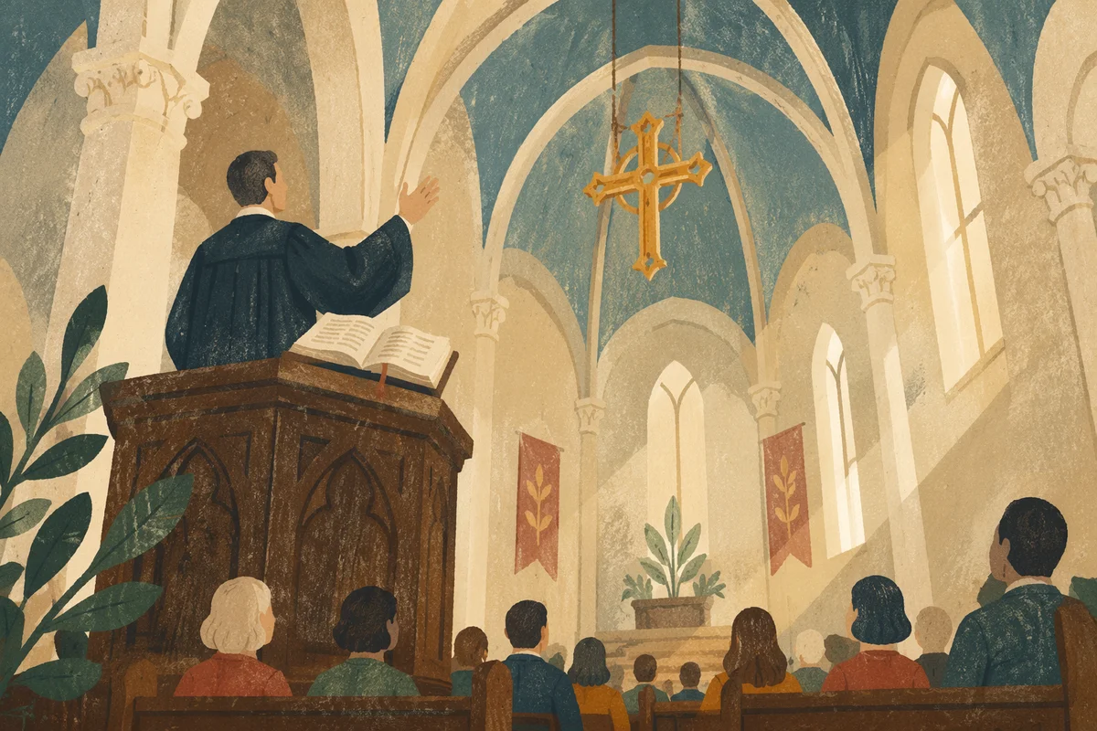 Pastor Preaching from Historic Church Pulpit