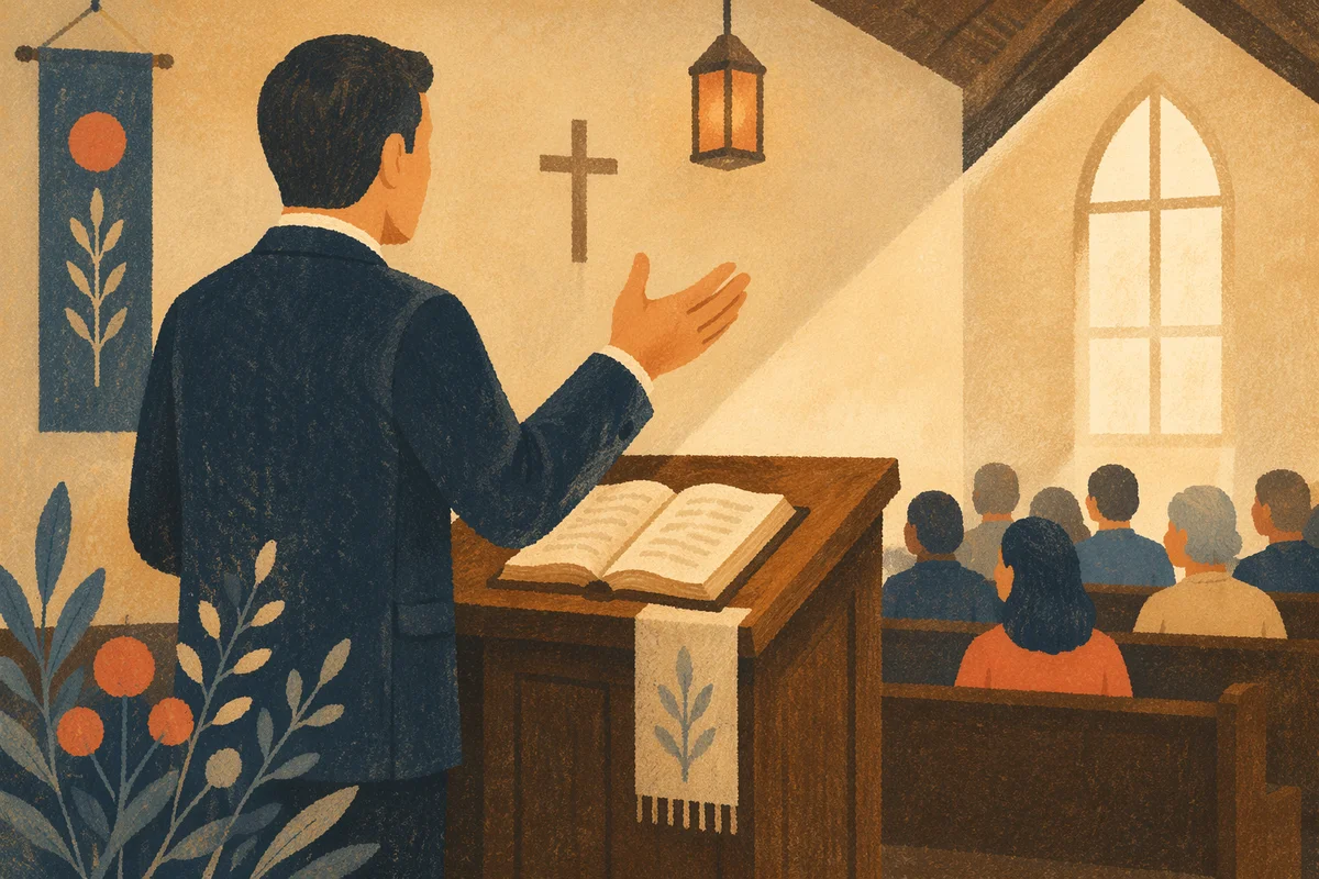 Pastor Preaching from Pulpit with Open Bible