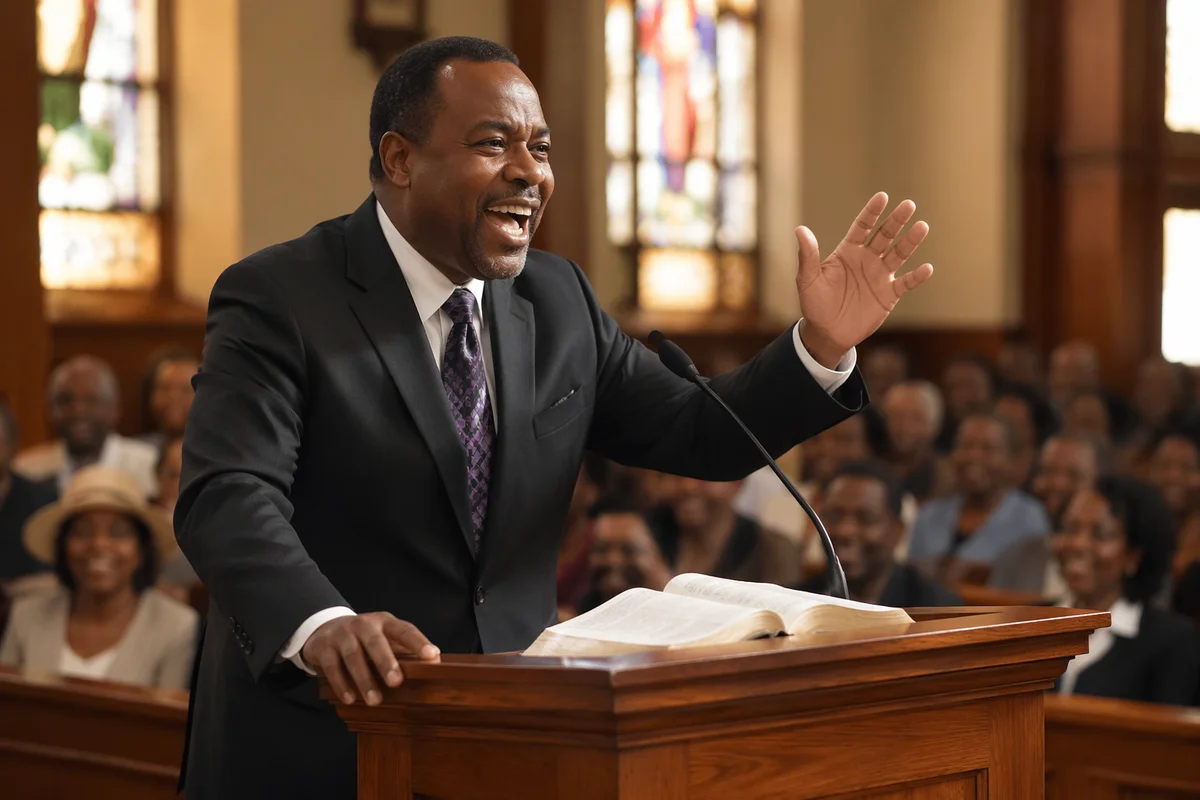 Black Pastor Preaching from Wooden Pulpit