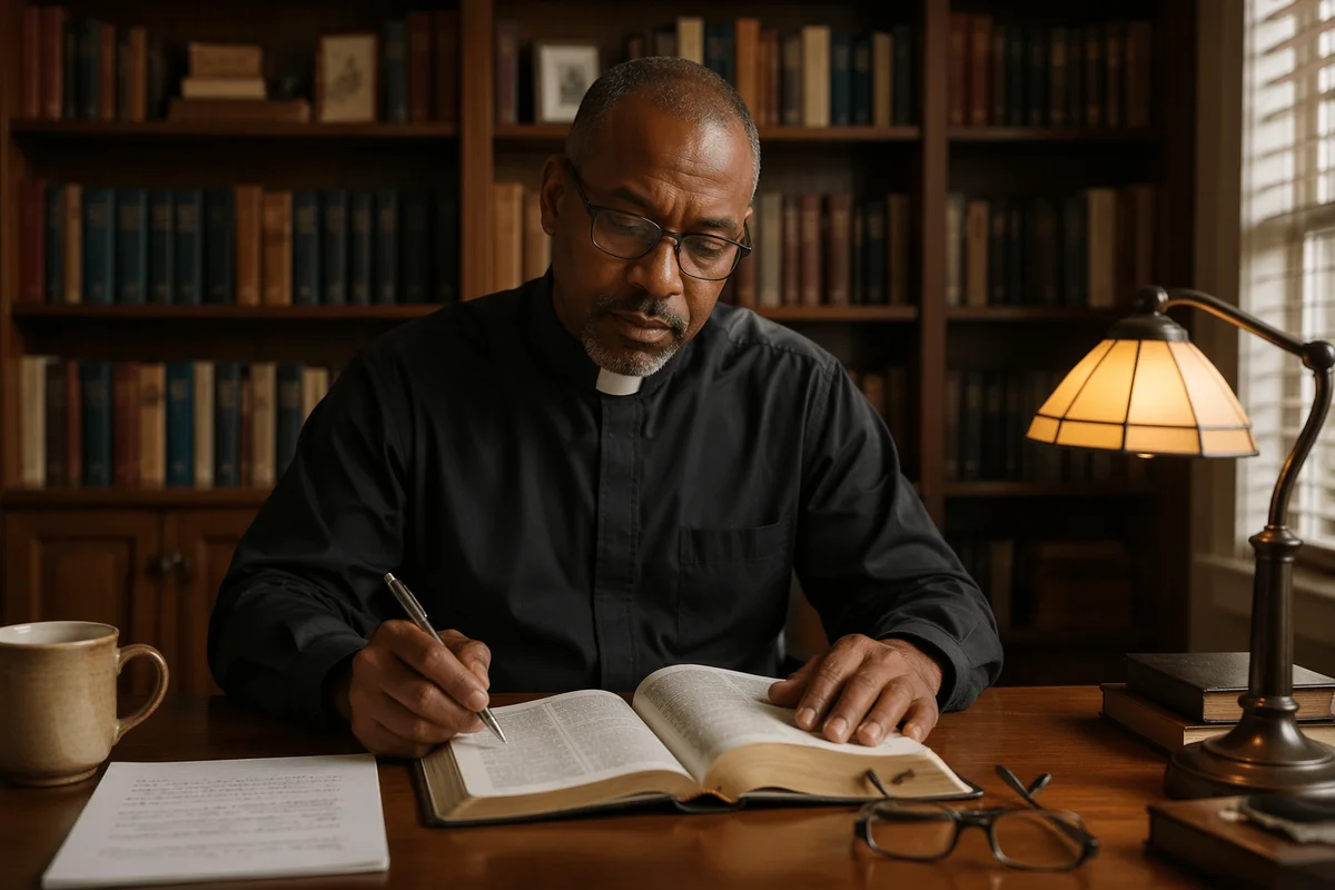 Pastor Studying at Desk in Office
