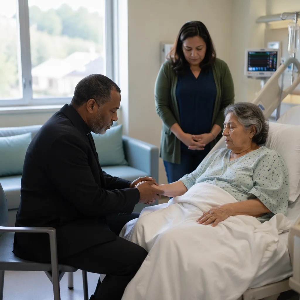 Pastor Praying Beside Hospital Bed