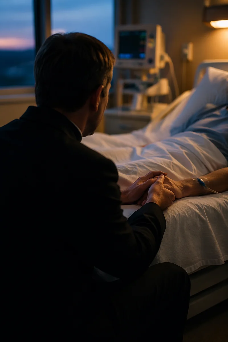 Pastor Praying by Hospital Bedside at Dusk