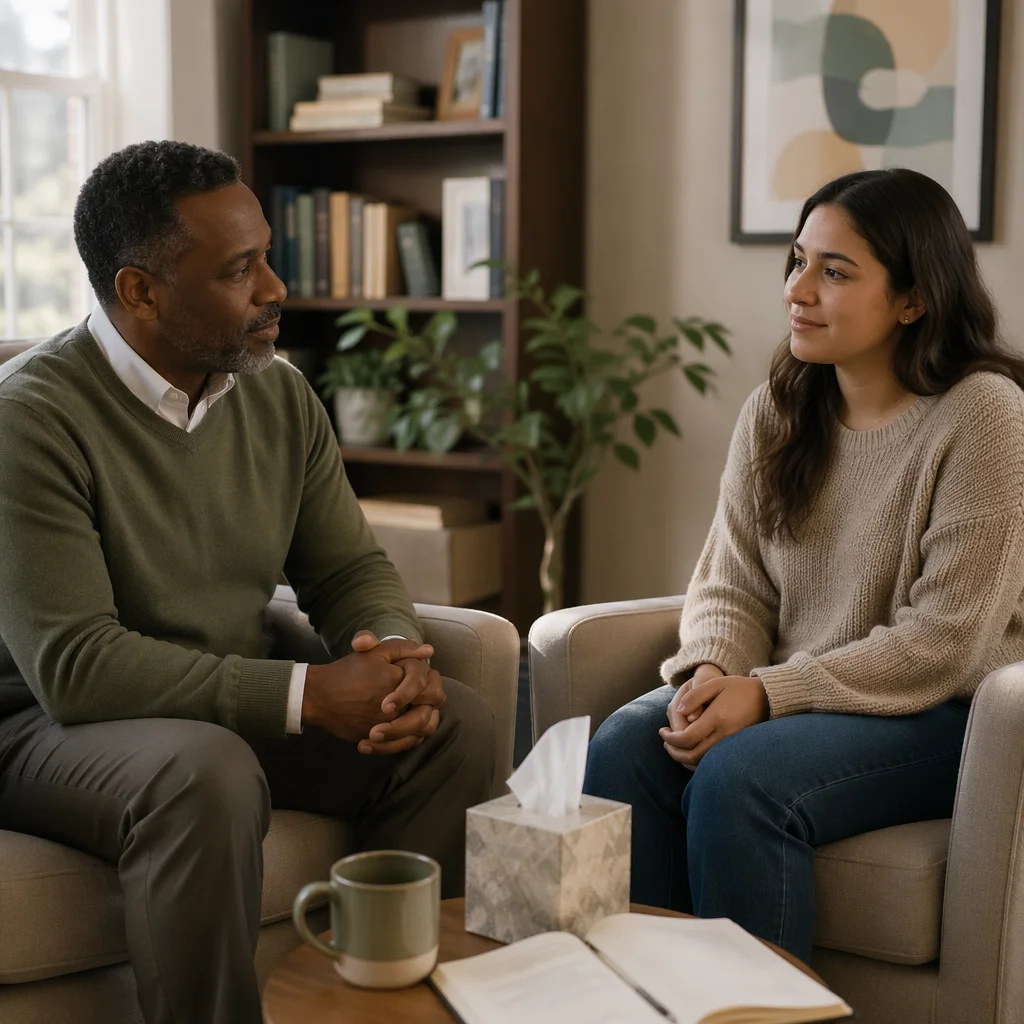 Pastoral Counseling Conversation in Sunlit Office