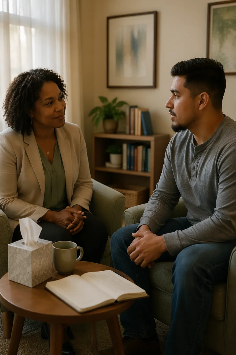 Pastoral Counseling Conversation in Sunlit Office