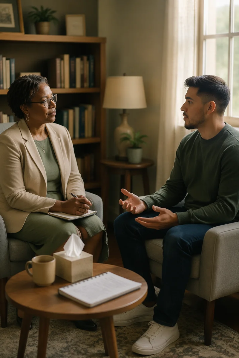 Pastoral Counseling Session in Sunlit Office