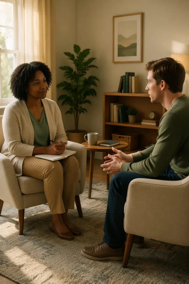 Counseling Conversation in Sunlit Office