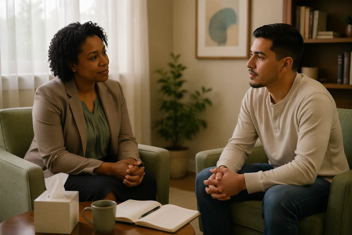 Pastoral Counseling Conversation in Sunlit Office