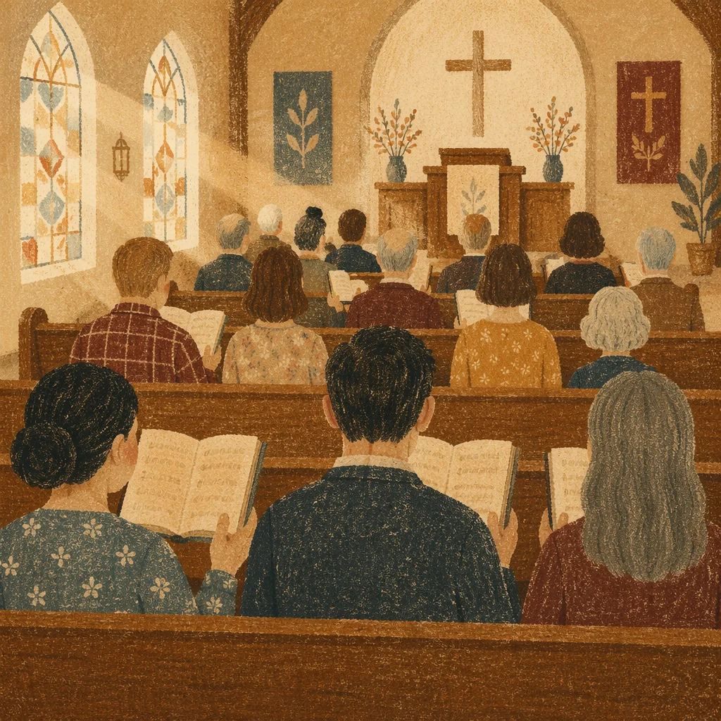 Congregation Singing Hymns in Wooden Pews