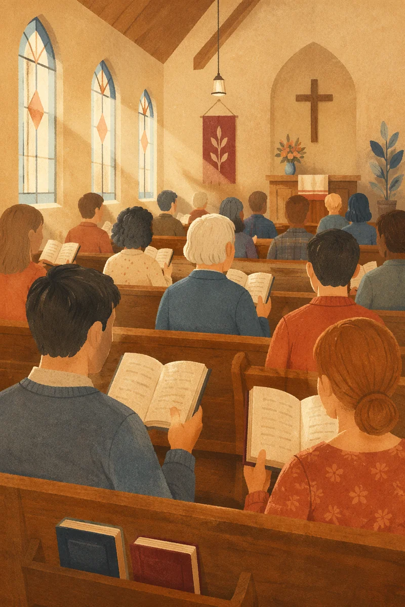 Congregation Singing Hymns in Wooden Pews