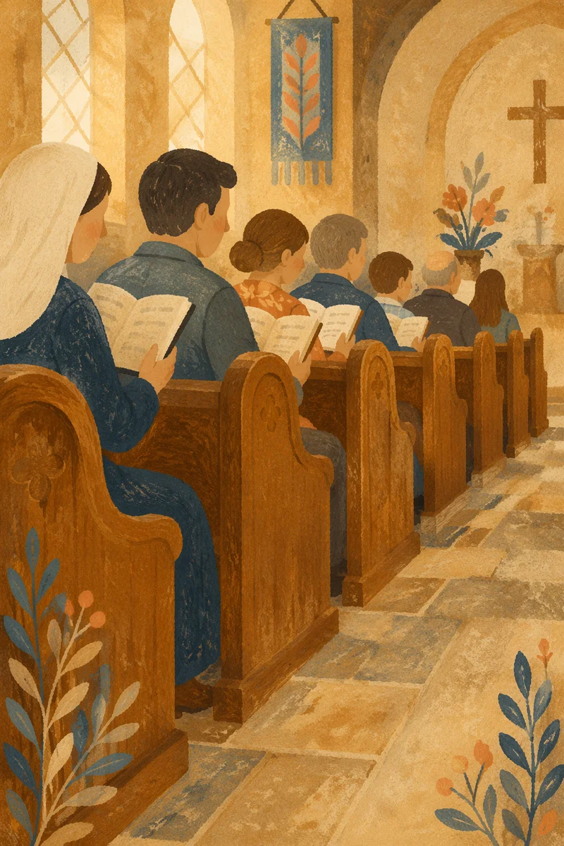 Congregation Singing Hymns in Wooden Pews
