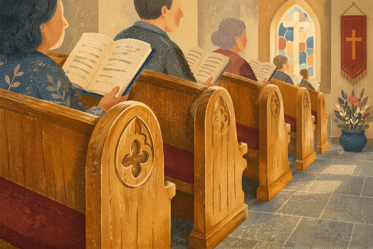 Congregation Singing from Hymnals in Church Pews