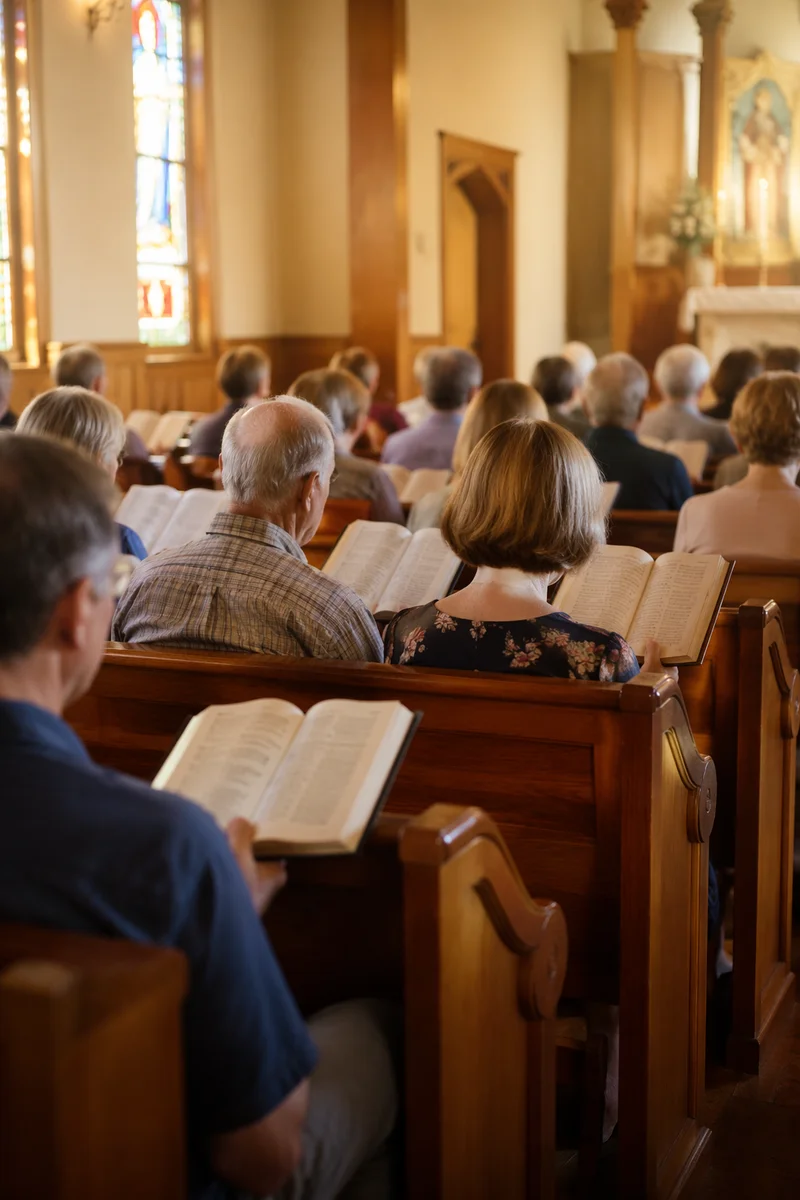 Congregation Singing Hymns in Wooden Pews