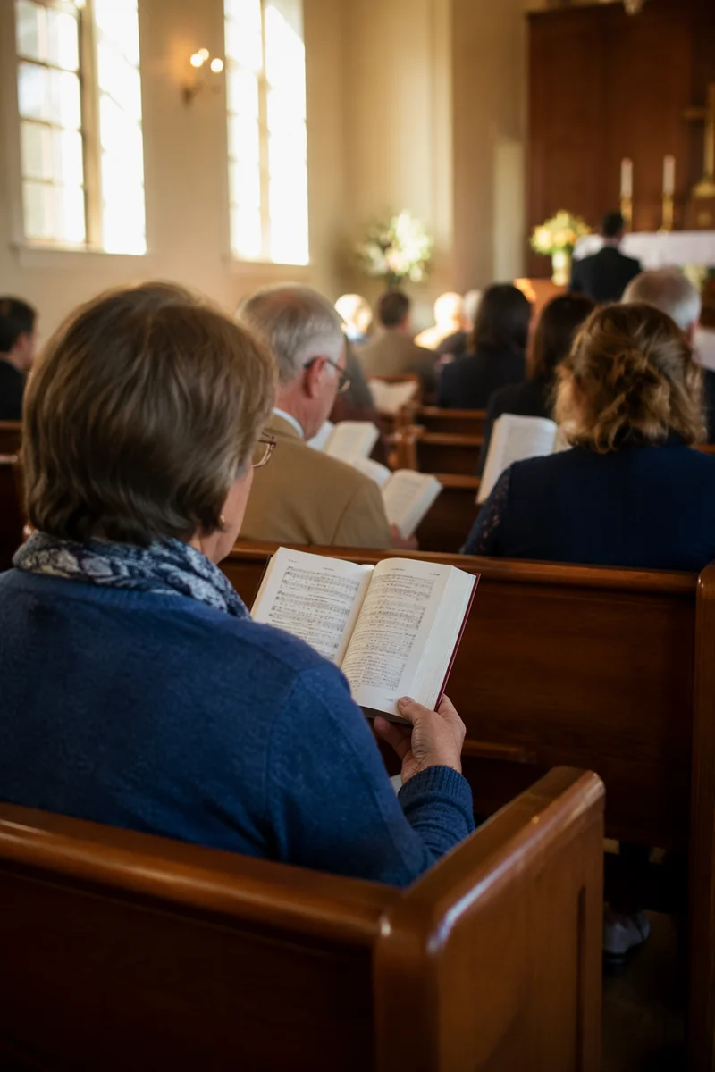 Congregation Singing Hymns in Wooden Pews