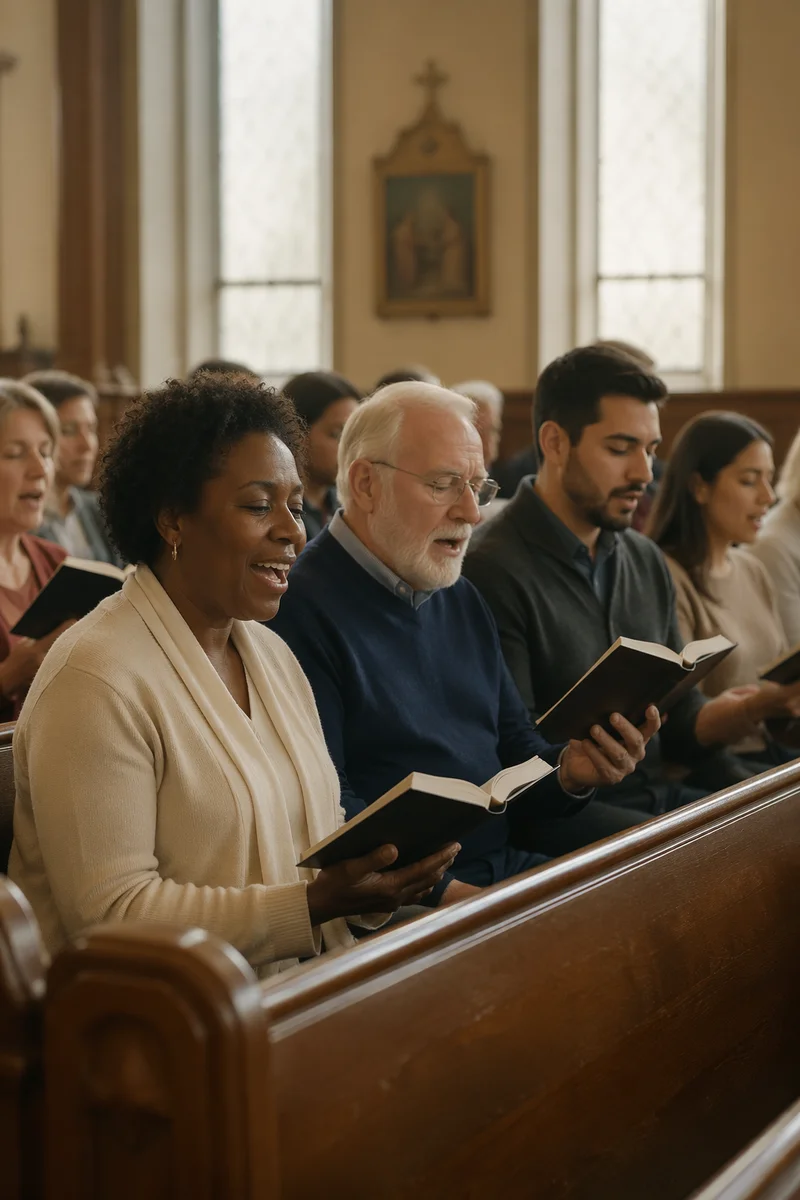 Congregation Singing in Wooden Church Pews