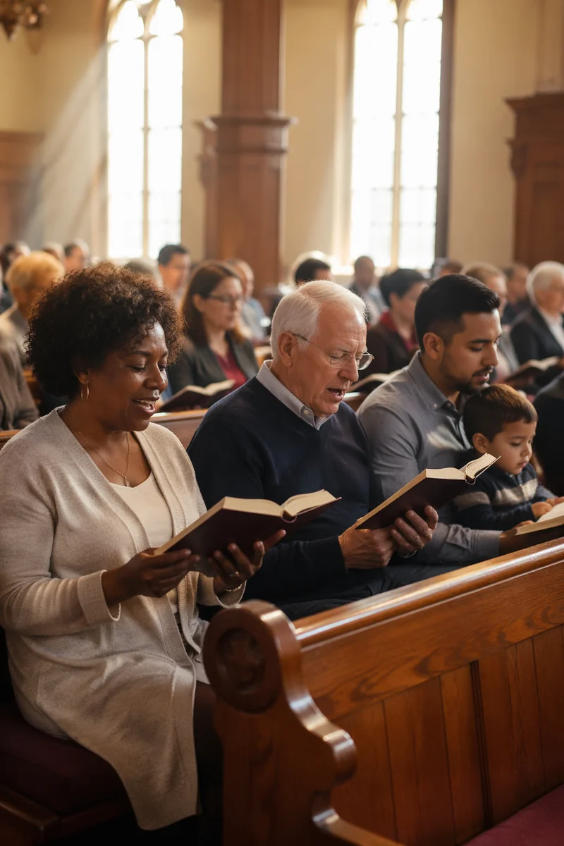 Congregation Singing from Hymnals in Church