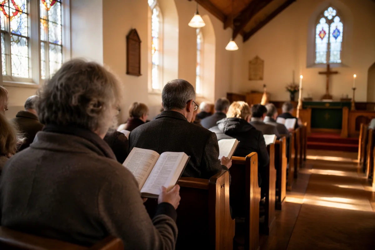 Congregation Singing Hymnals in Country Church
