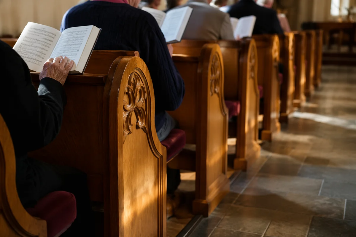 Congregation Singing from Hymnals in Church Pews