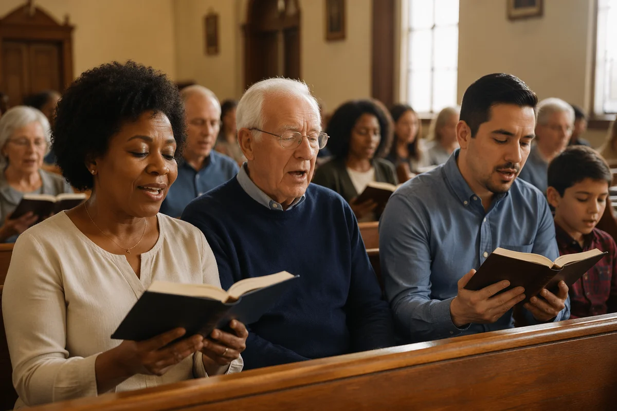 Congregation Singing from Hymnals in Church