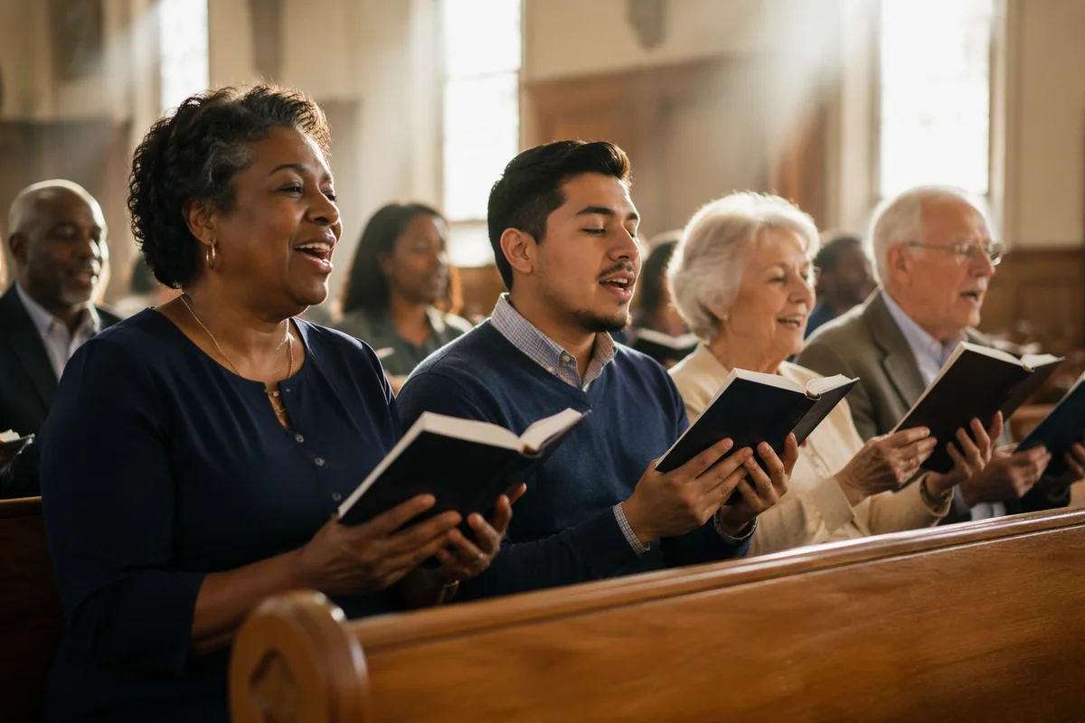 Congregation Singing in Sunlit Church Pews