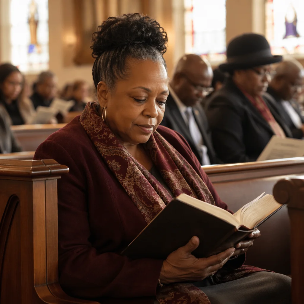 Woman Reading Bible in Church Pew
