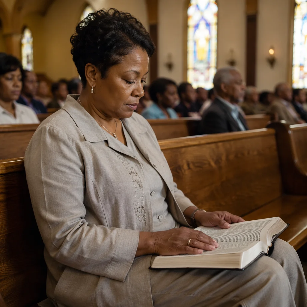 Woman Reading Bible in Church Pew