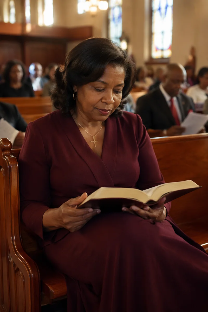 Woman Reading Bible in Church Pew