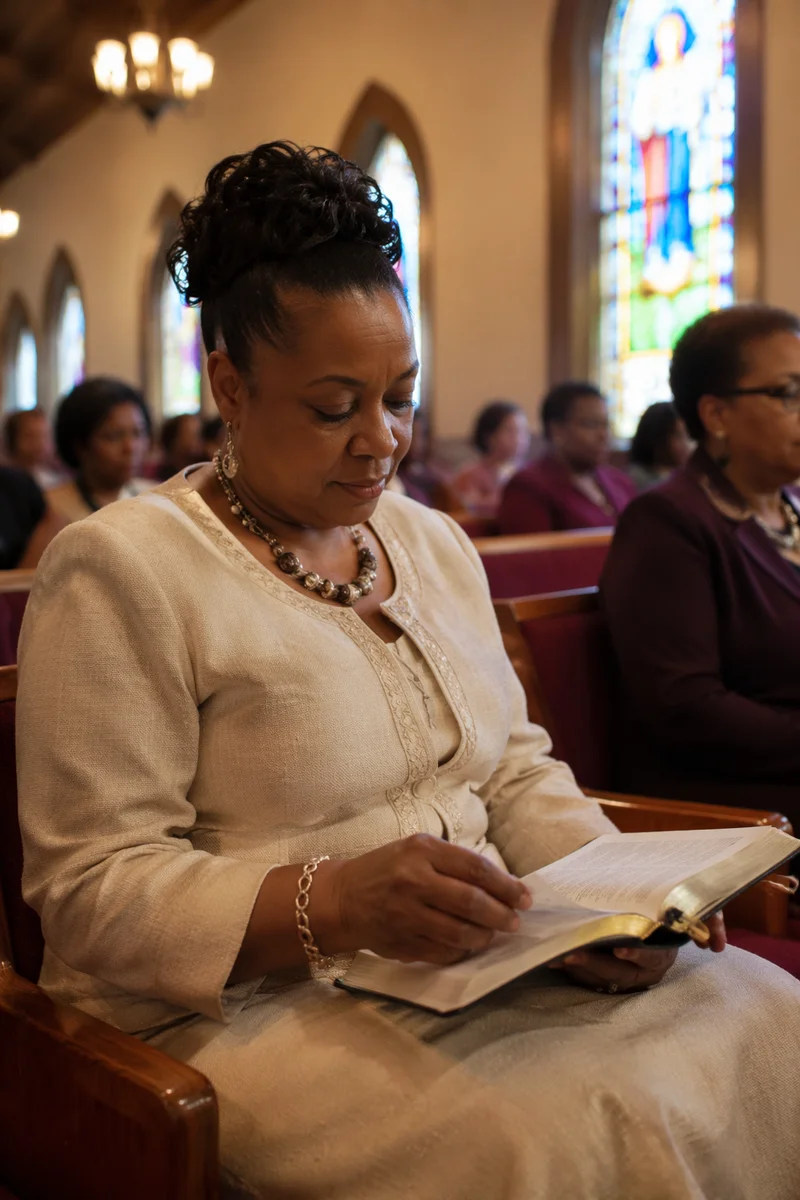 Woman Reading Bible in Church Pew