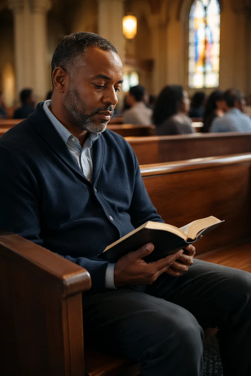 Man Reading Bible in Church Pew