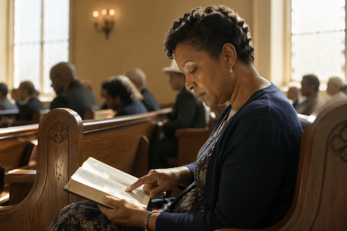 Woman Reading Bible in Church Pew