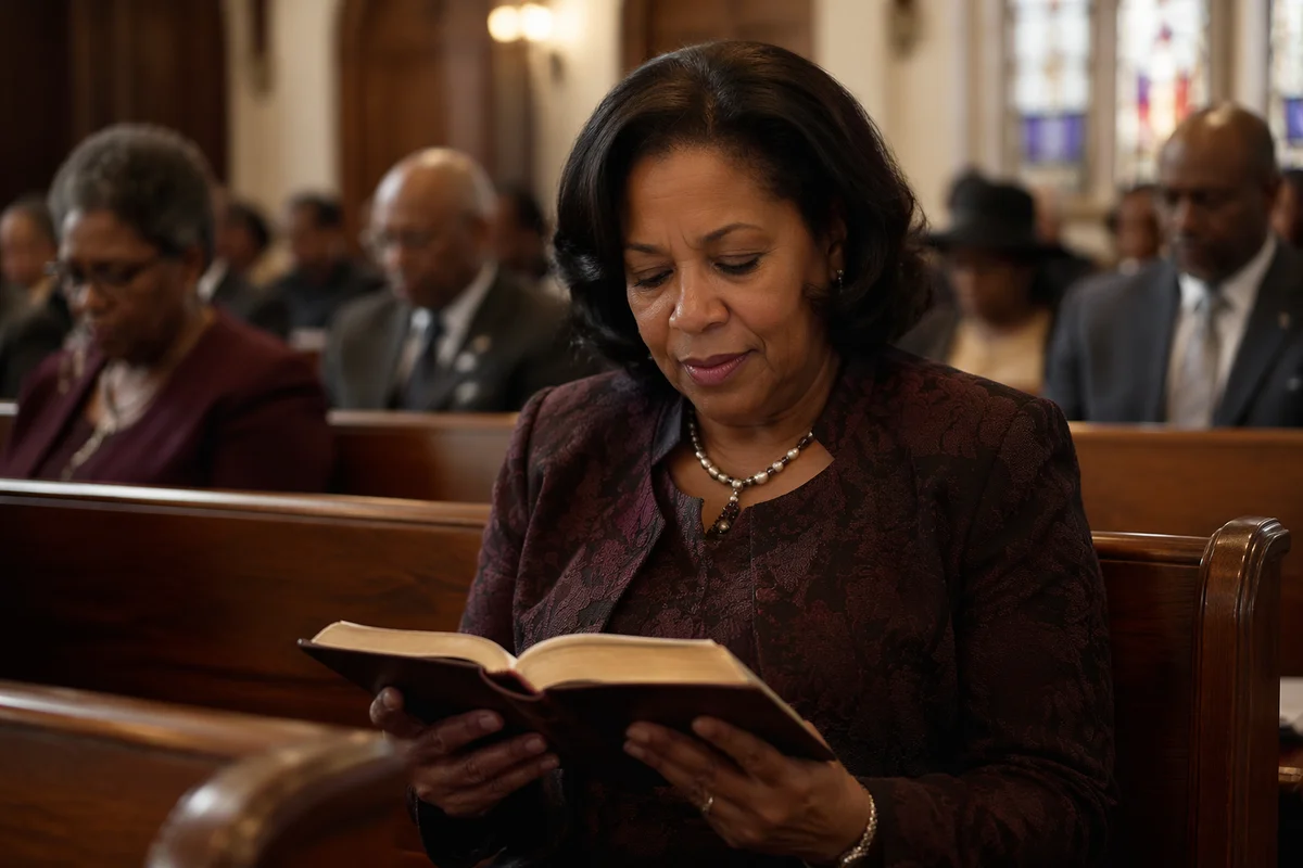 Woman Reading Bible in Church Pew