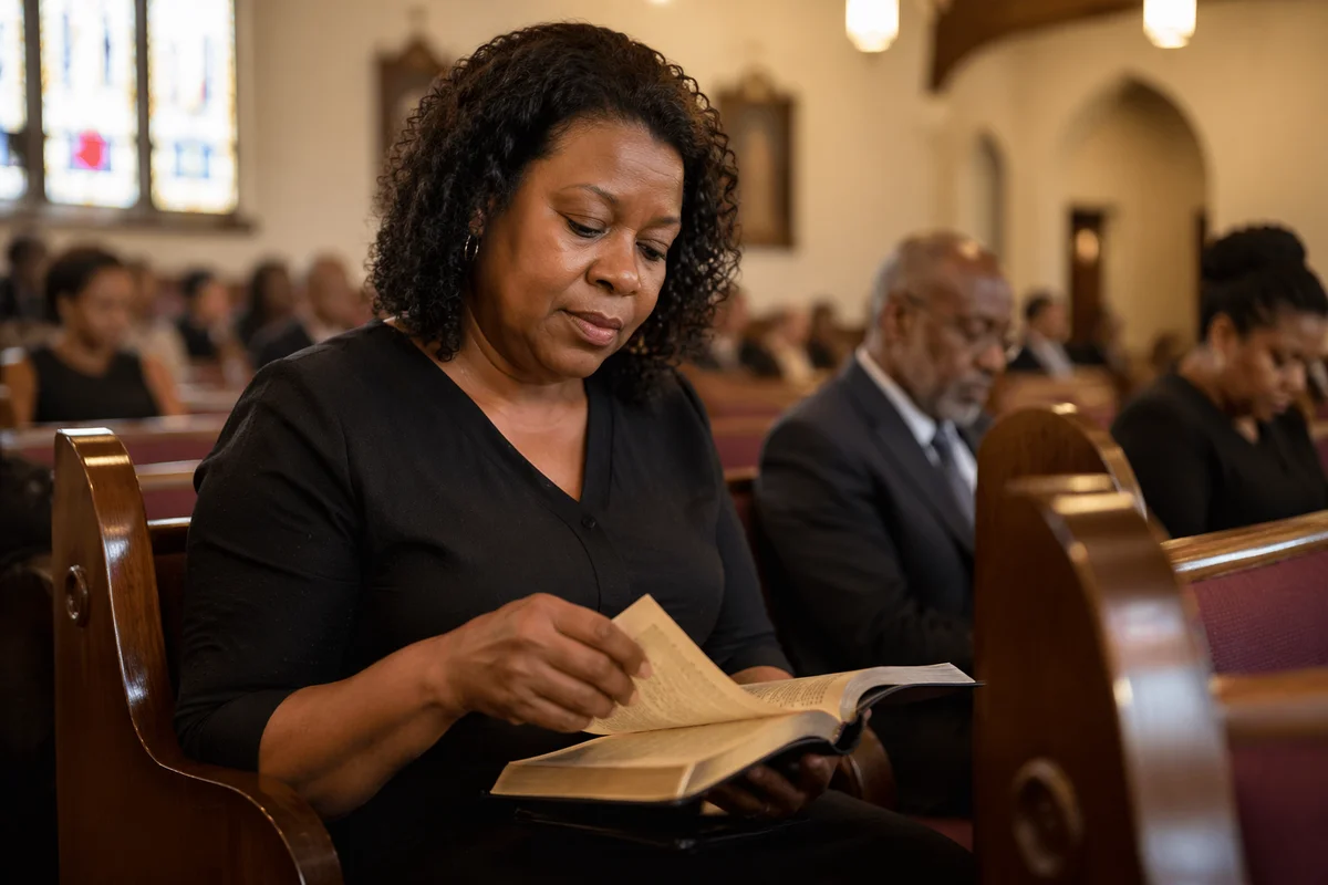 Woman Reading Bible in Church Pew