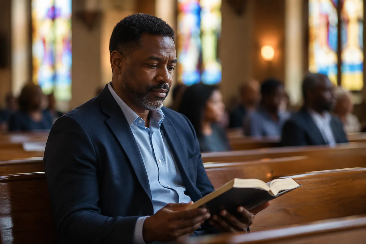 Man Reading Bible in Church Pew