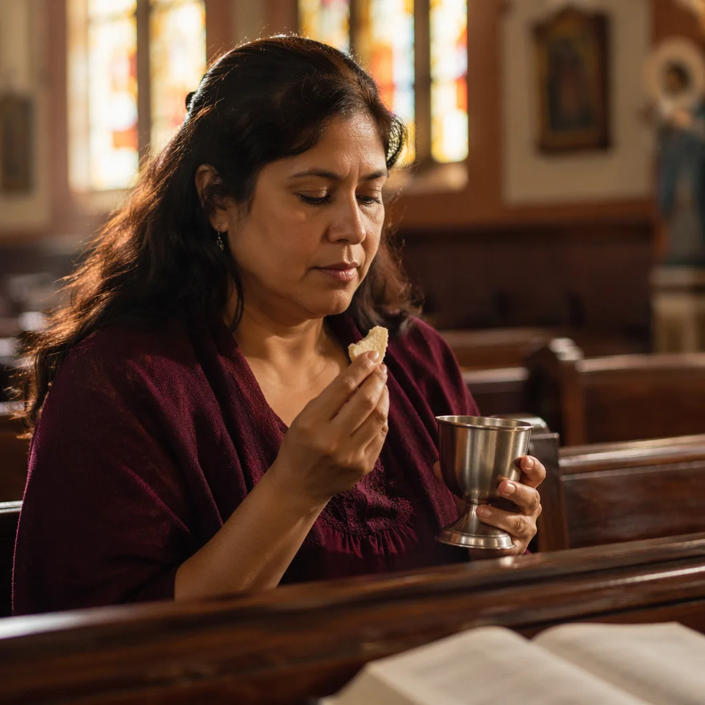 Woman Receiving Communion in Church Pew